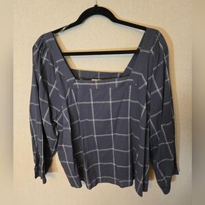 a.n.a Gray Windowpane Checkered Blouse W 3/4 Sleeves